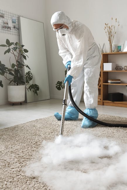 A woman using a yellow canister vacuum cleaner to perform surface cleaning on a patterned area rug in a living room. The rug features intricate floral designs in muted colors, and is placed on a woode