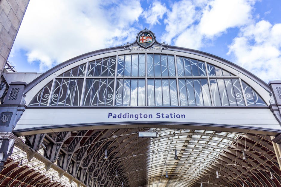 Interior view of Paddington train station showcasing an arched glass and metal roof structure with intricate support beams and lighting fixtures. The platform area is clean and well-maintained, with a
